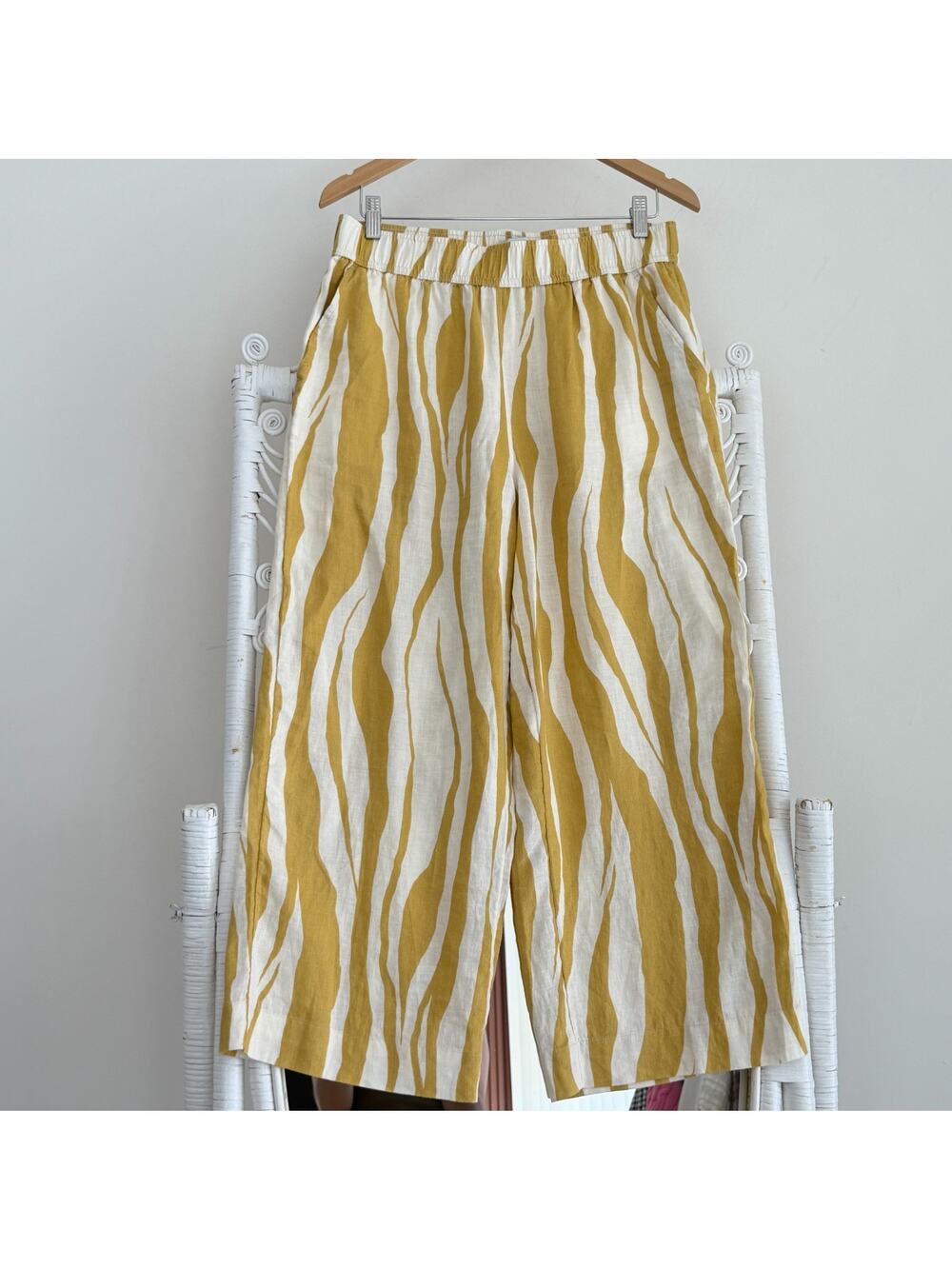 Rachel Zoe 100% Linen Pants Large Zebra Wide Leg Cropped Pull On Resort Boho
